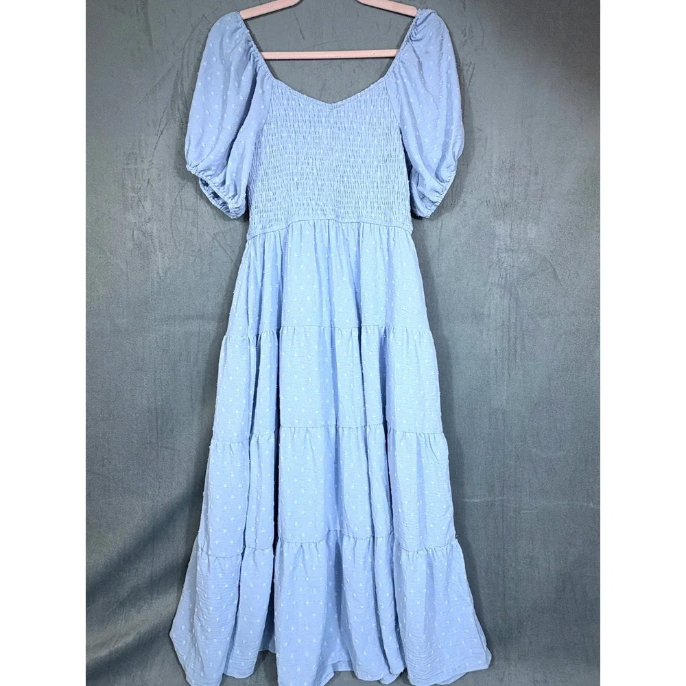 Womens Maxi Dress Blue Smocked Puff Sleeves Tiered Dress Cottagecore S NWT - Picture 16 of 16